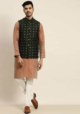 Orange Ethnic Motifs Poly Blend Kurta Set For Men