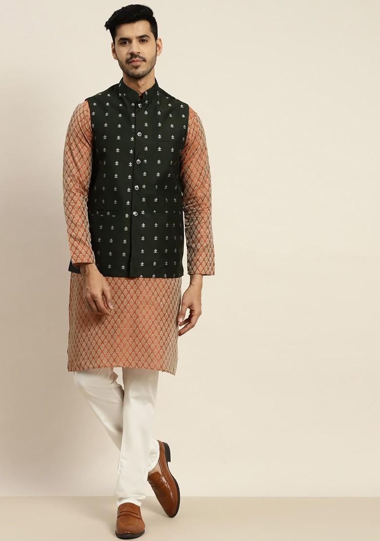 Orange Ethnic Motifs Poly Blend Kurta Set For Men