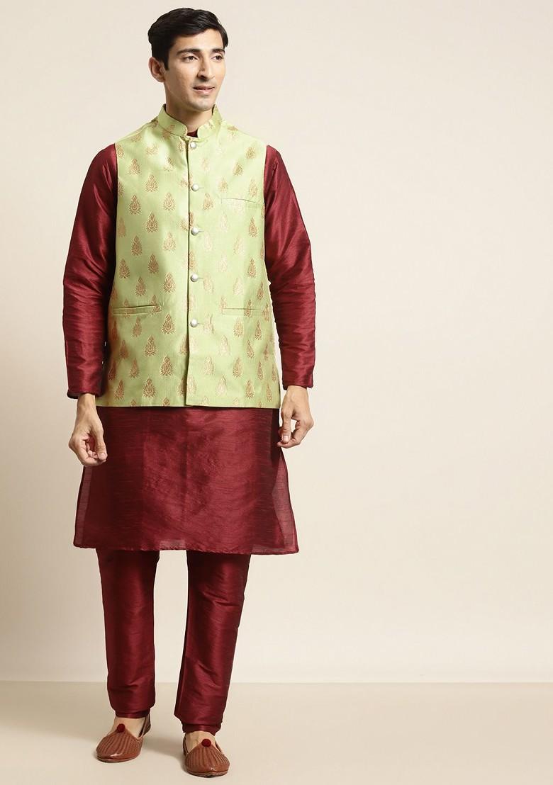 Maroon Woven Poly Blend Kurta Set For Men