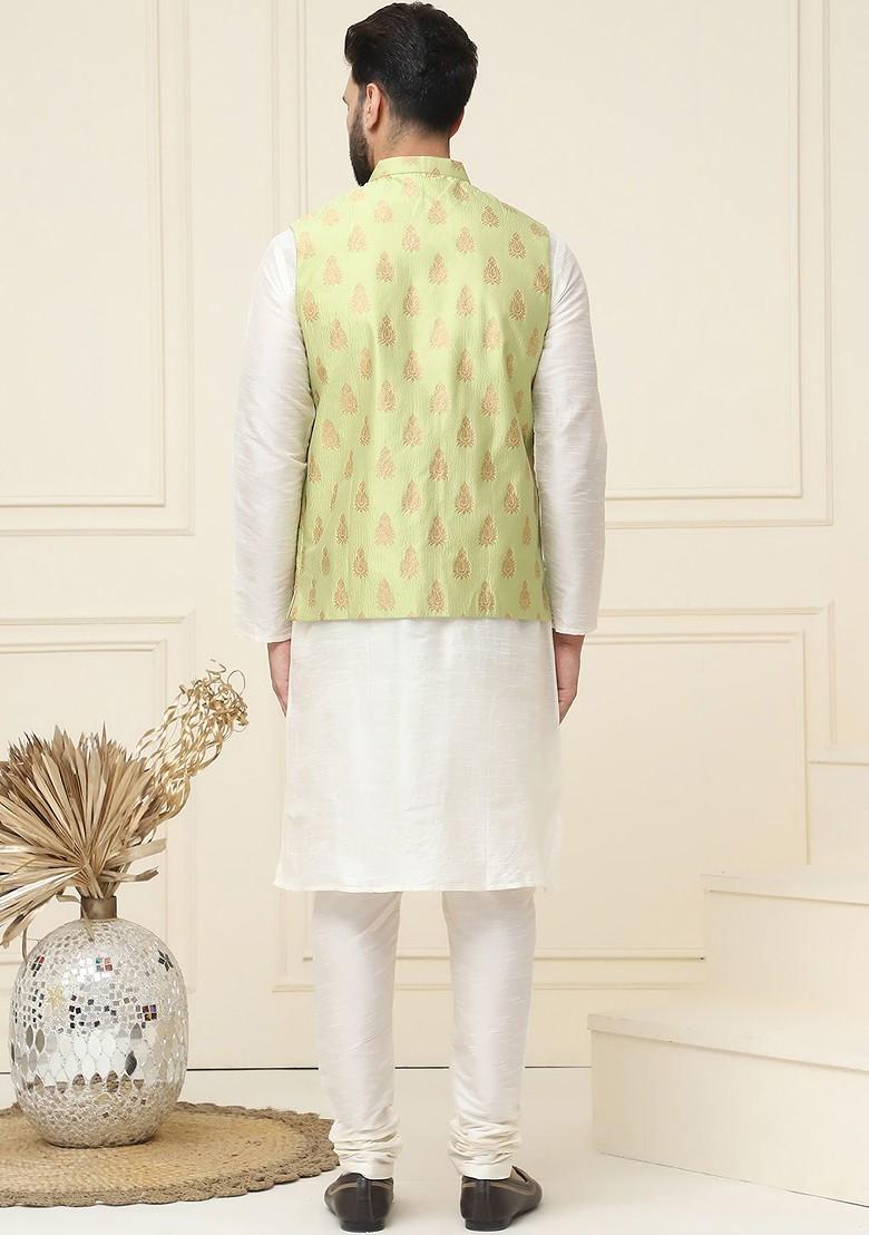 Off White Woven Poly Blend Kurta Set For Men