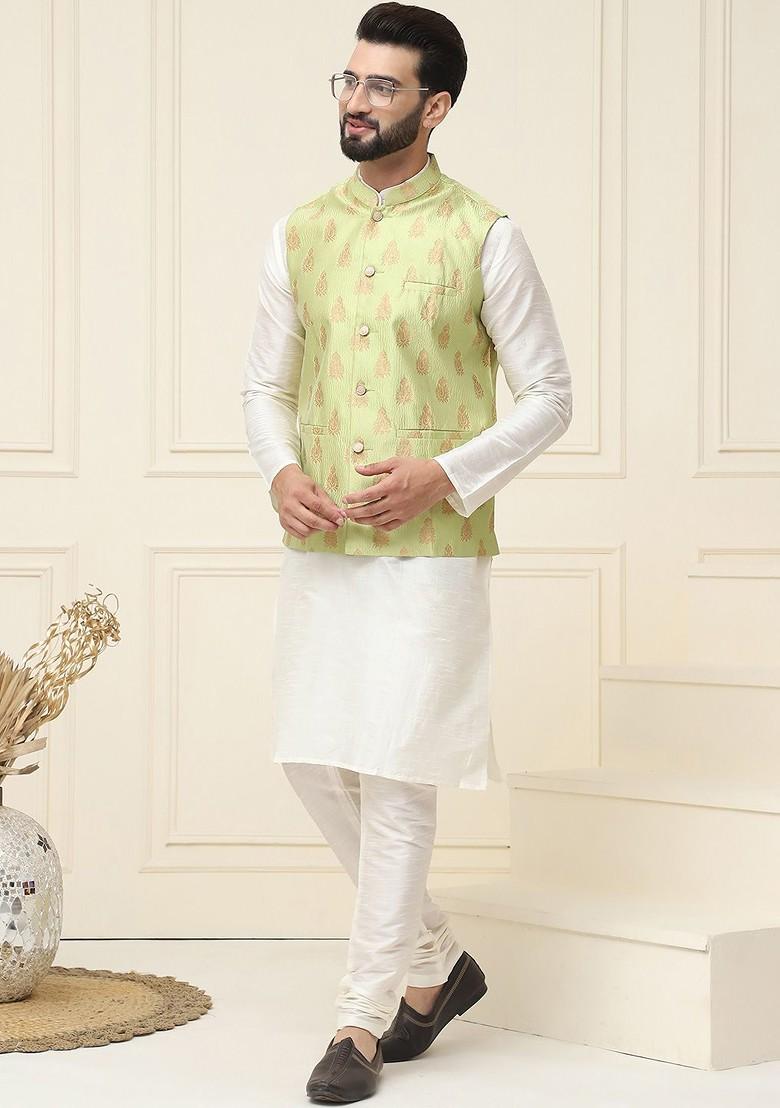 Off White Woven Poly Blend Kurta Set For Men