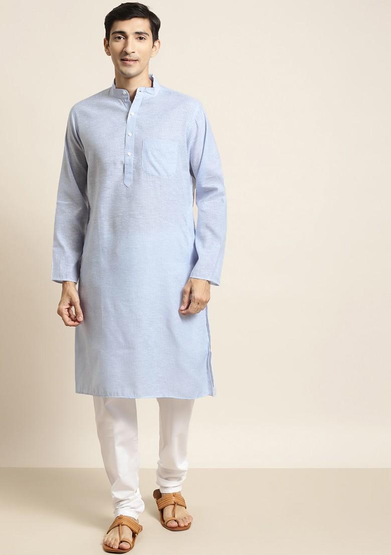 Blue Striped Poly Blend Kurta Set For Men