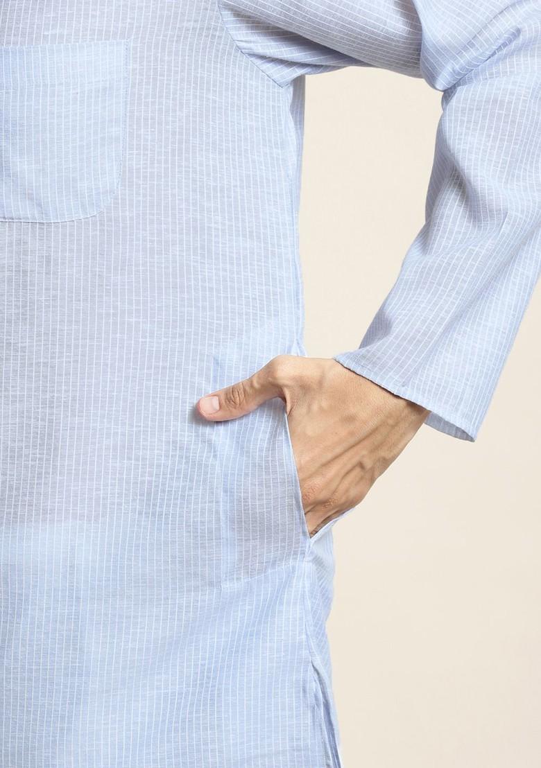 Blue Striped Poly Blend Kurta Set For Men