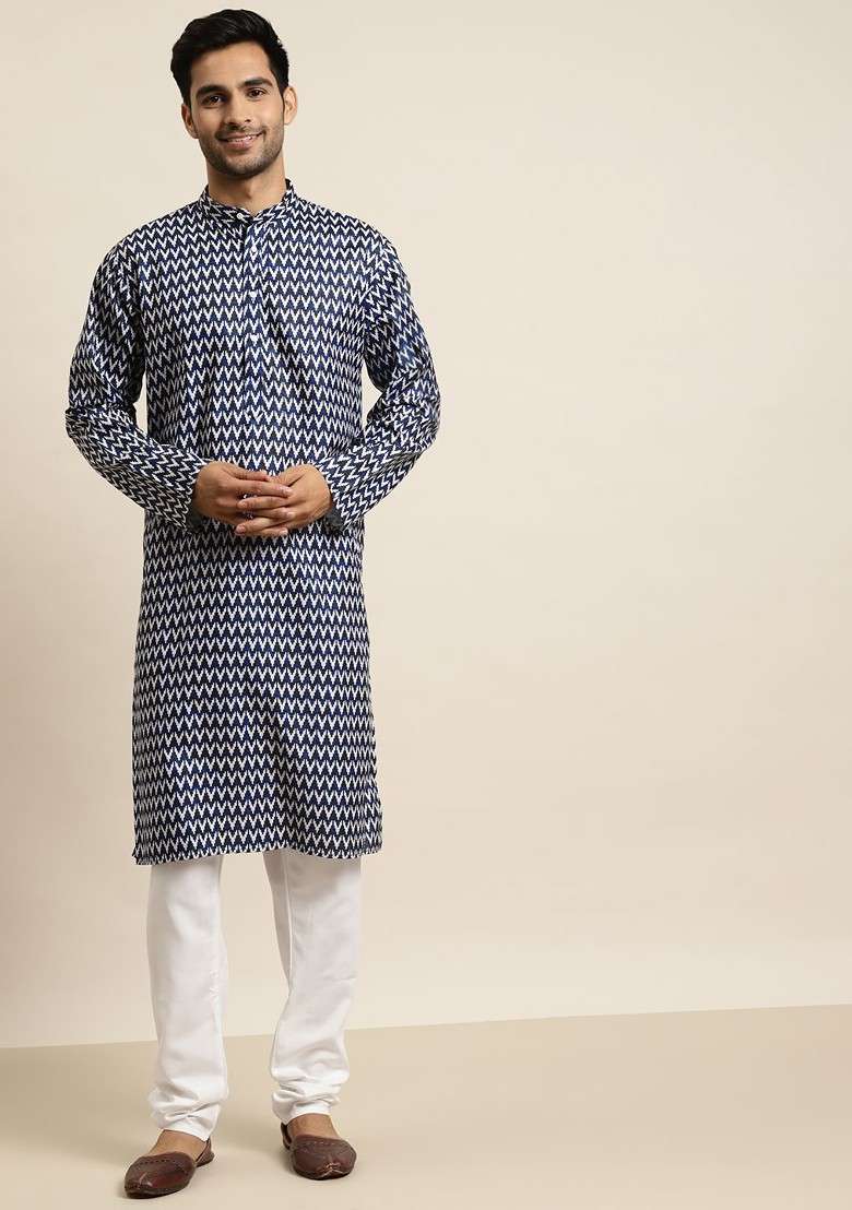 Navy Blue Printed Cotton Kurta Set For Men - Indya