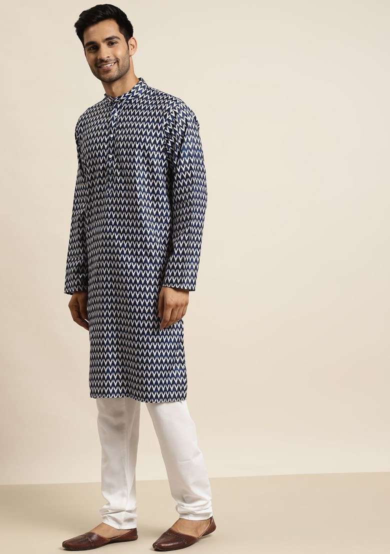 Navy Blue Printed Cotton Kurta Set For Men - Indya