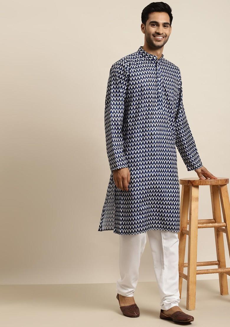 Navy Blue Printed Cotton Kurta Set For Men