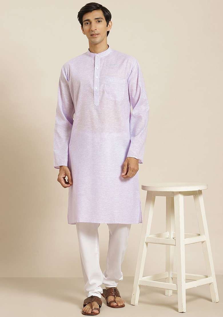 Purple Striped Cotton Kurta Set For Men - Indya