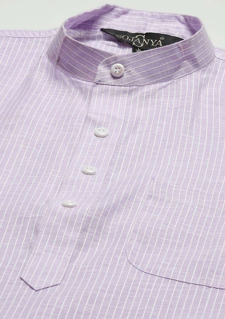 Purple Striped Cotton Kurta Set For Men - Indya