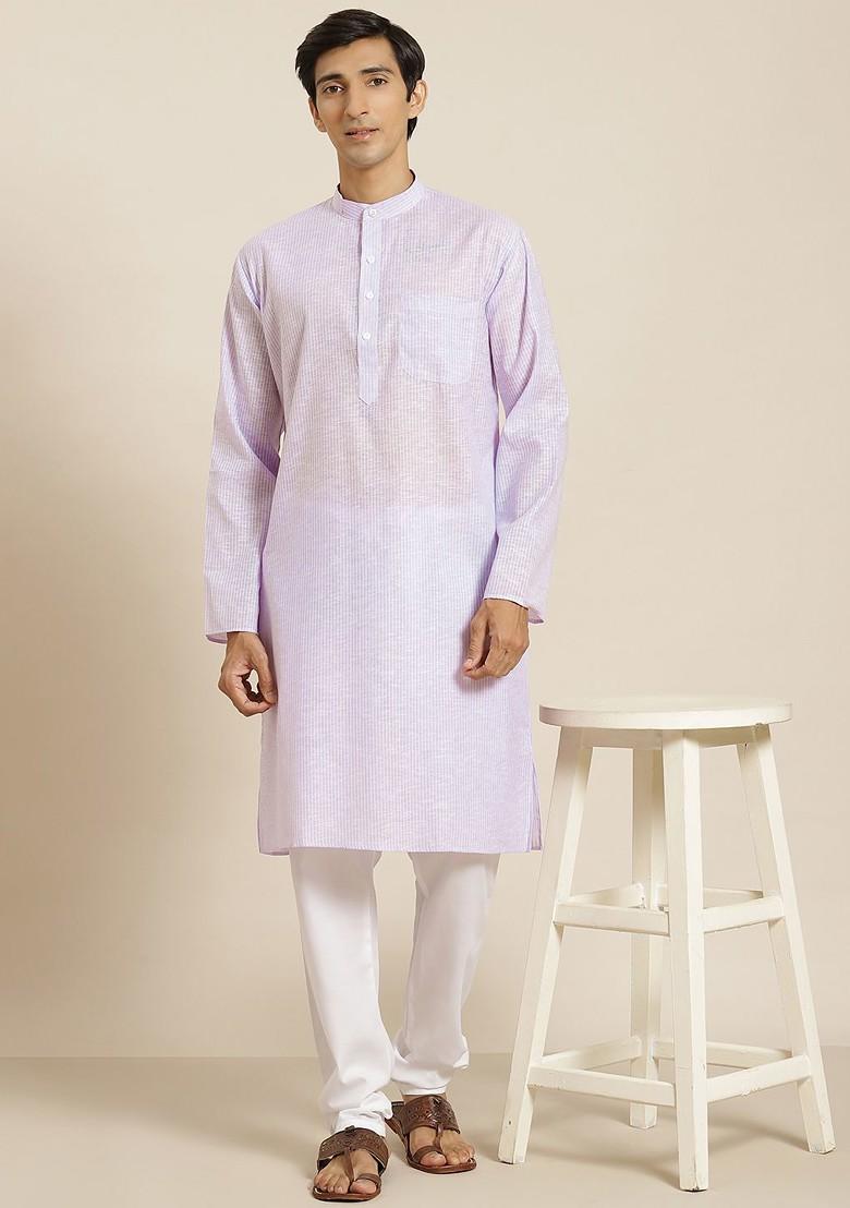 Purple Striped Cotton Kurta Set For Men
