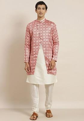 Off White Solid Poly Blend Kurta Set For Men