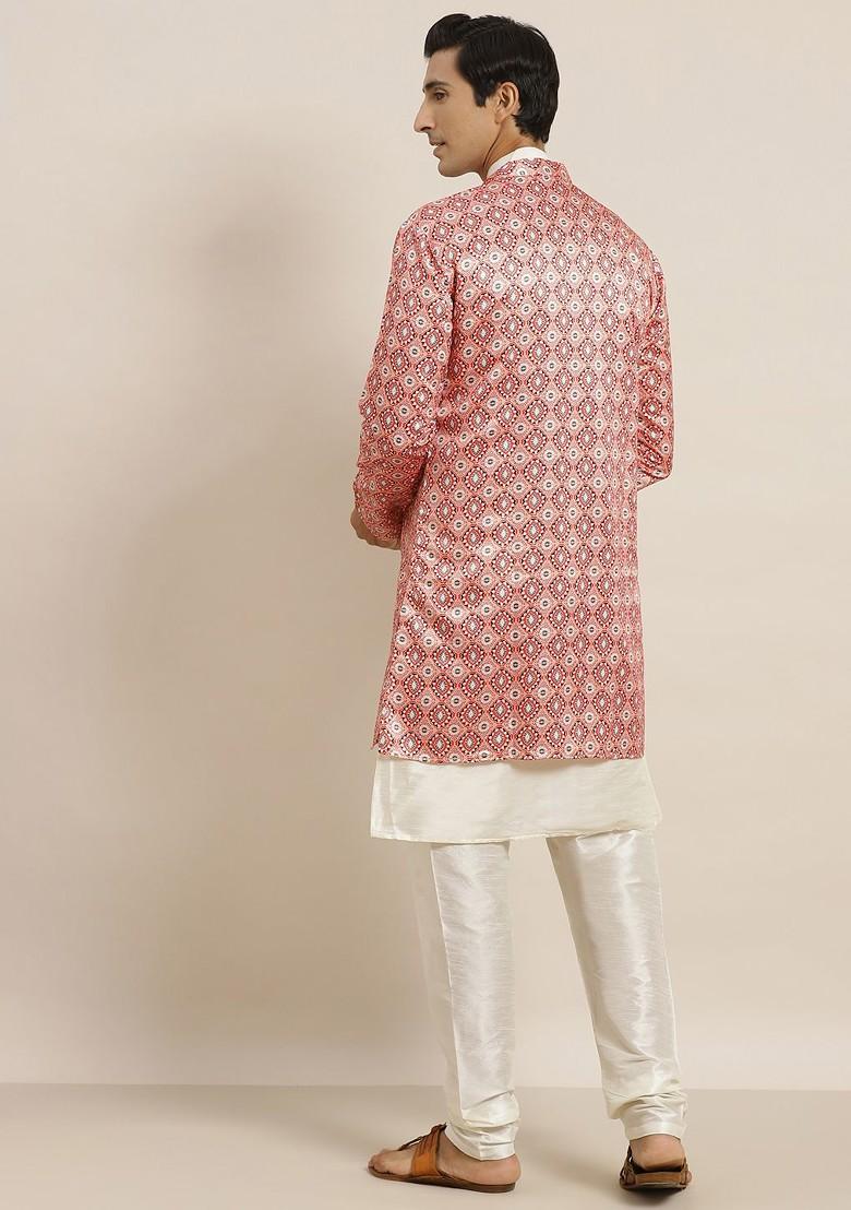 Off White Solid Poly Blend Kurta Set For Men