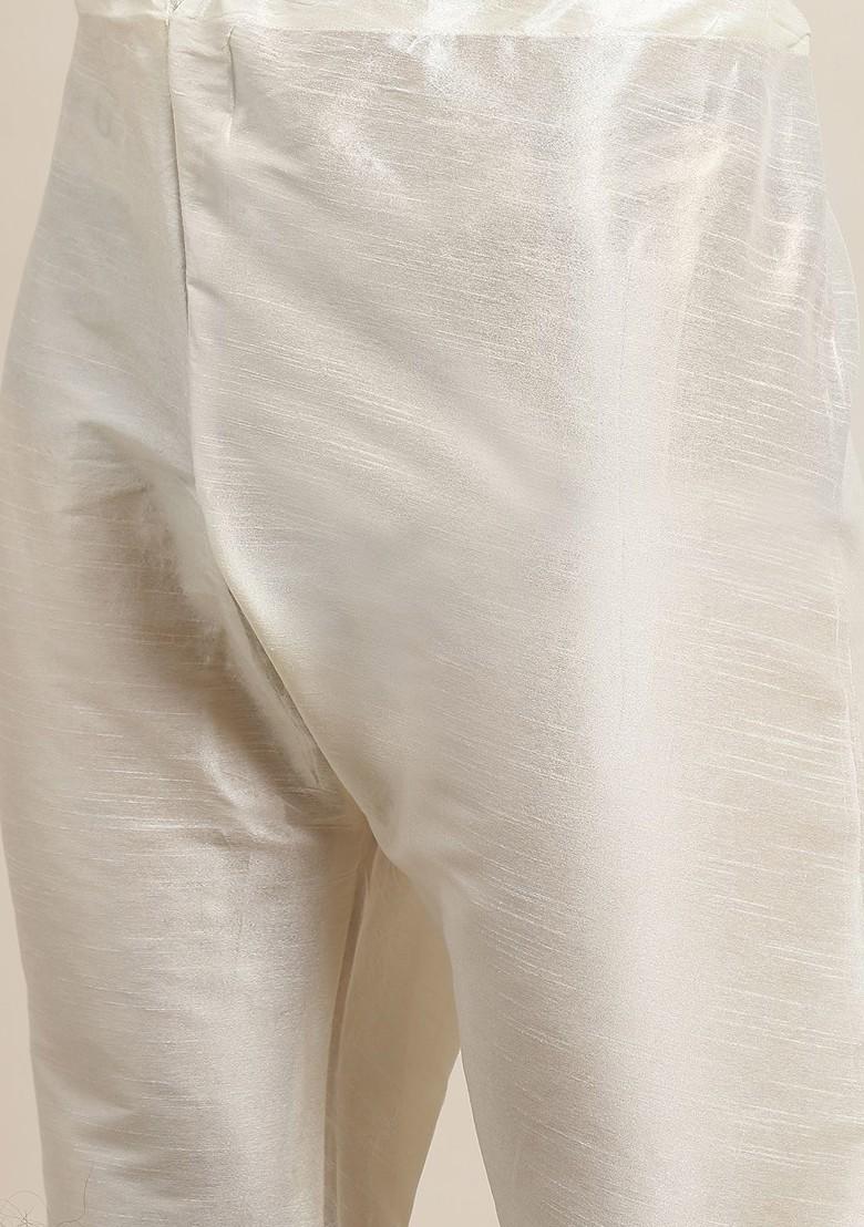 Off White Solid Poly Blend Kurta Set For Men
