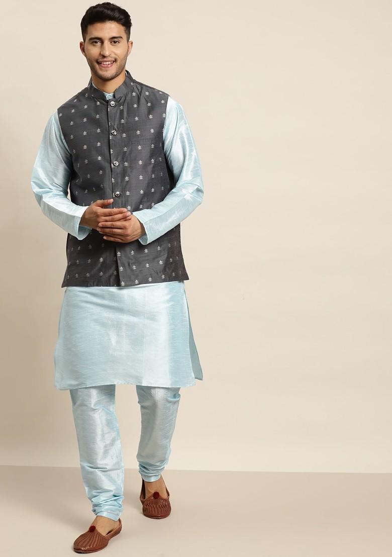 Turquoise Blue Solid Poly Blend Kurta Set For Men