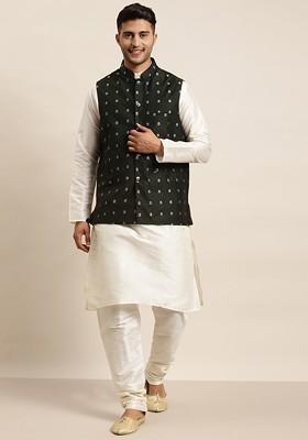 Off White Solid Poly Blend Kurta Set For Men