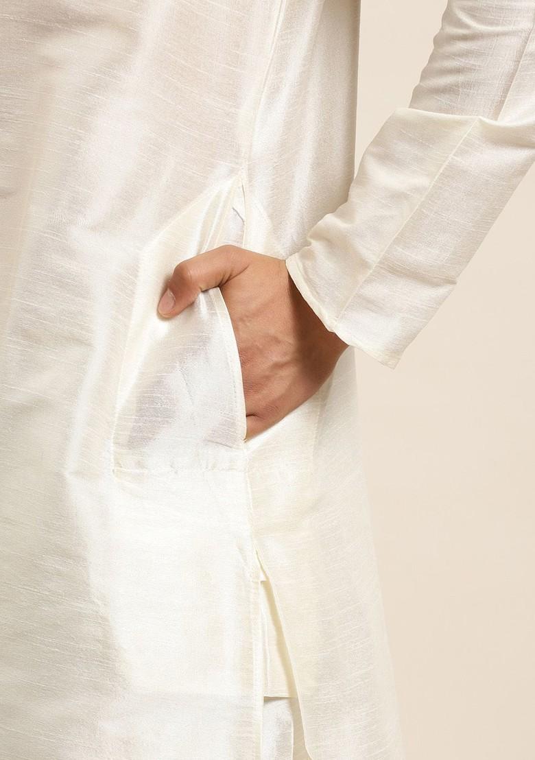 Off White Solid Poly Blend Kurta Set For Men