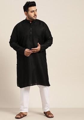 Black Solid Cotton Kurta Set For Men