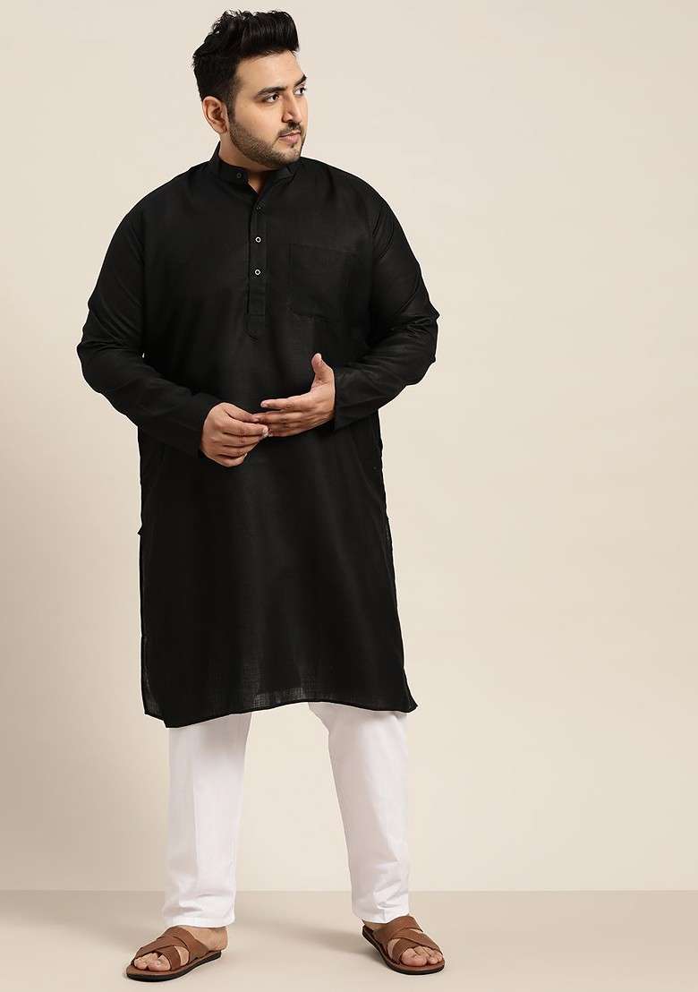 Black Solid Cotton Kurta Set For Men - Indya
