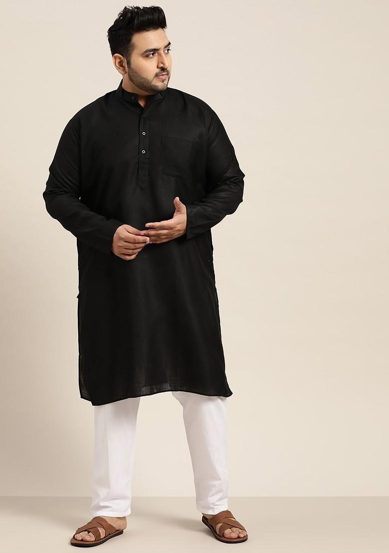 Black Solid Cotton Kurta Set For Men