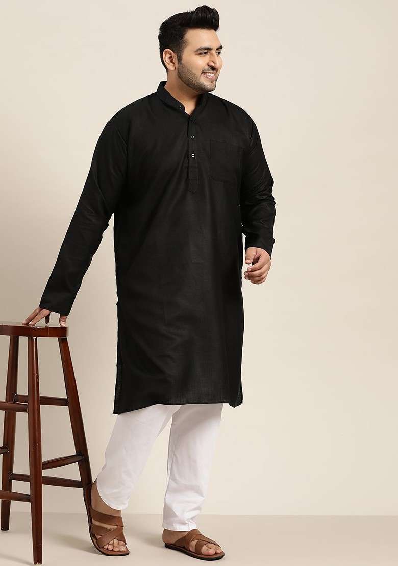 Black Solid Cotton Kurta Set For Men - Indya