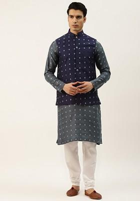 Charcoal Grey Ethnic Motifs Poly Blend Kurta Set For Men