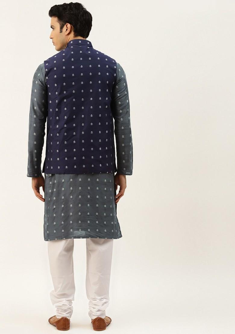 Charcoal Grey Ethnic Motifs Poly Blend Kurta Set For Men