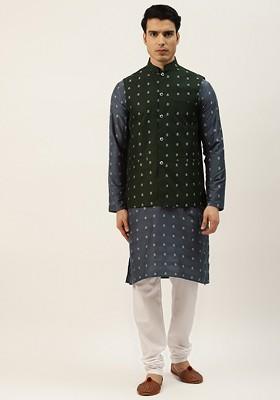 Navy Blue Ethnic Motifs Poly Blend Kurta Set For Men