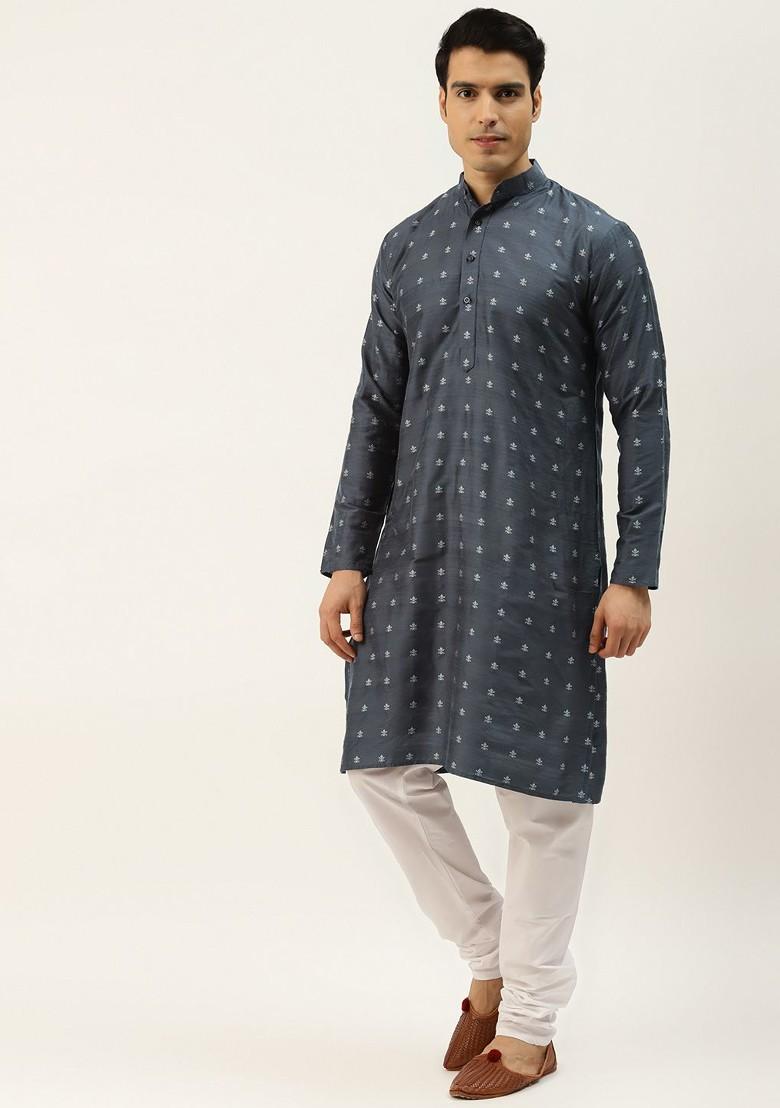 Navy Blue Ethnic Motifs Poly Blend Kurta Set For Men