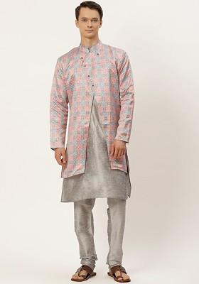 Red Ethnic Motifs Poly Blend Kurta Set For Men