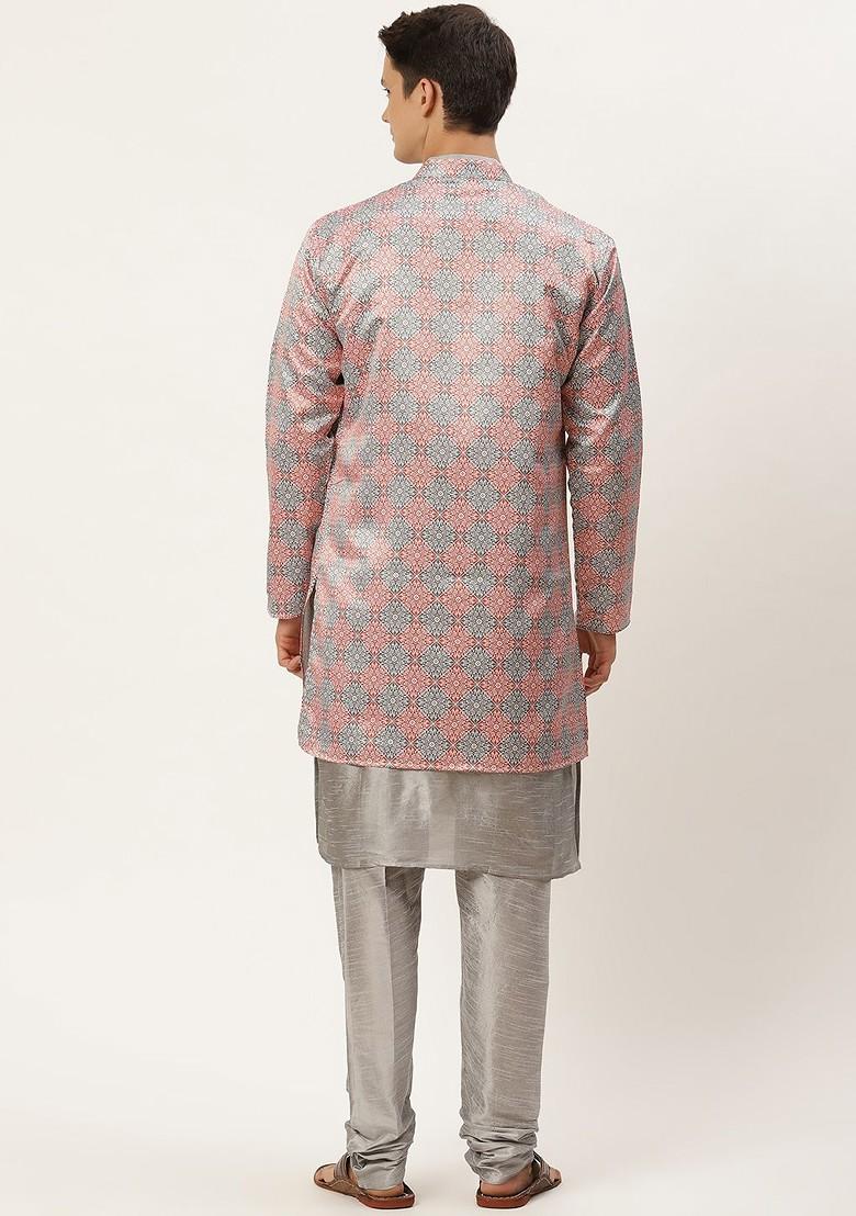 Red Ethnic Motifs Poly Blend Kurta Set For Men