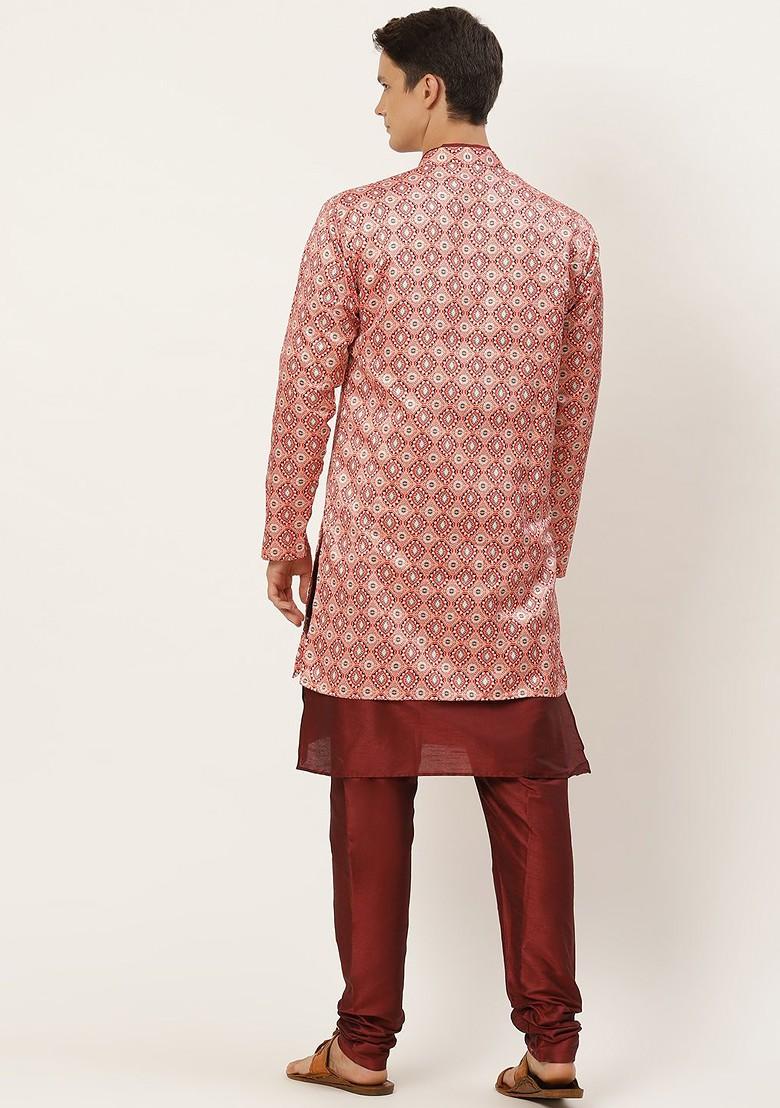 Pink Ethnic Motifs Poly Blend Kurta Set For Men