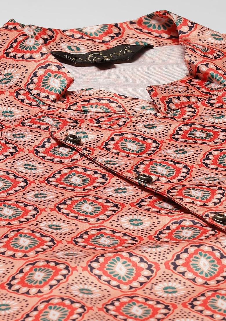 Pink Ethnic Motifs Poly Blend Kurta Set For Men