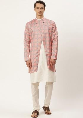 Off White Ethnic Motifs Poly Blend Kurta Set For Men