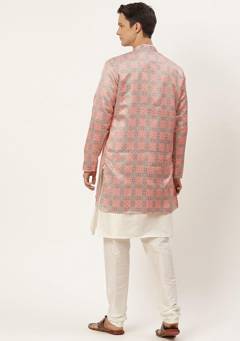 Off White Ethnic Motifs Poly Blend Kurta Set For Men