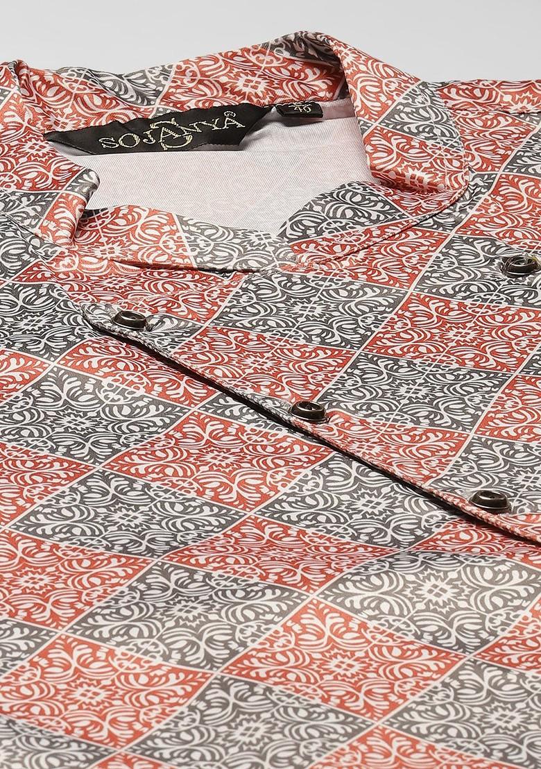 Off White Ethnic Motifs Poly Blend Kurta Set For Men