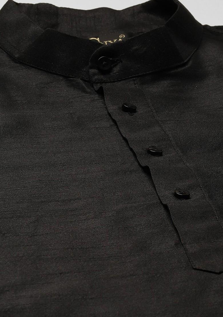 Black Solid Poly Blend Kurta Set For Men