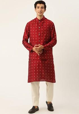 Maroon Ethnic Motifs Poly Blend Kurta Set For Men