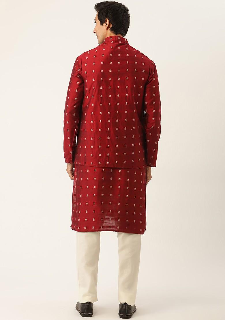 Maroon Ethnic Motifs Poly Blend Kurta Set For Men