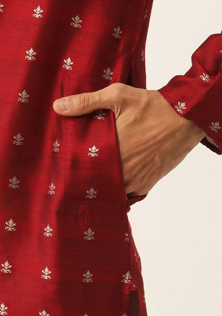 Maroon Ethnic Motifs Poly Blend Kurta Set For Men
