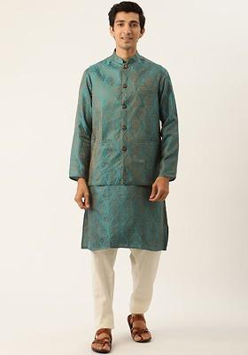 Teal Blue Woven Poly Blend Kurta Set For Men