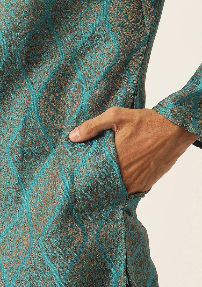 Teal Blue Woven Poly Blend Kurta Set For Men