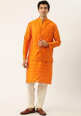 Orange Woven Poly Blend Kurta Set For Men
