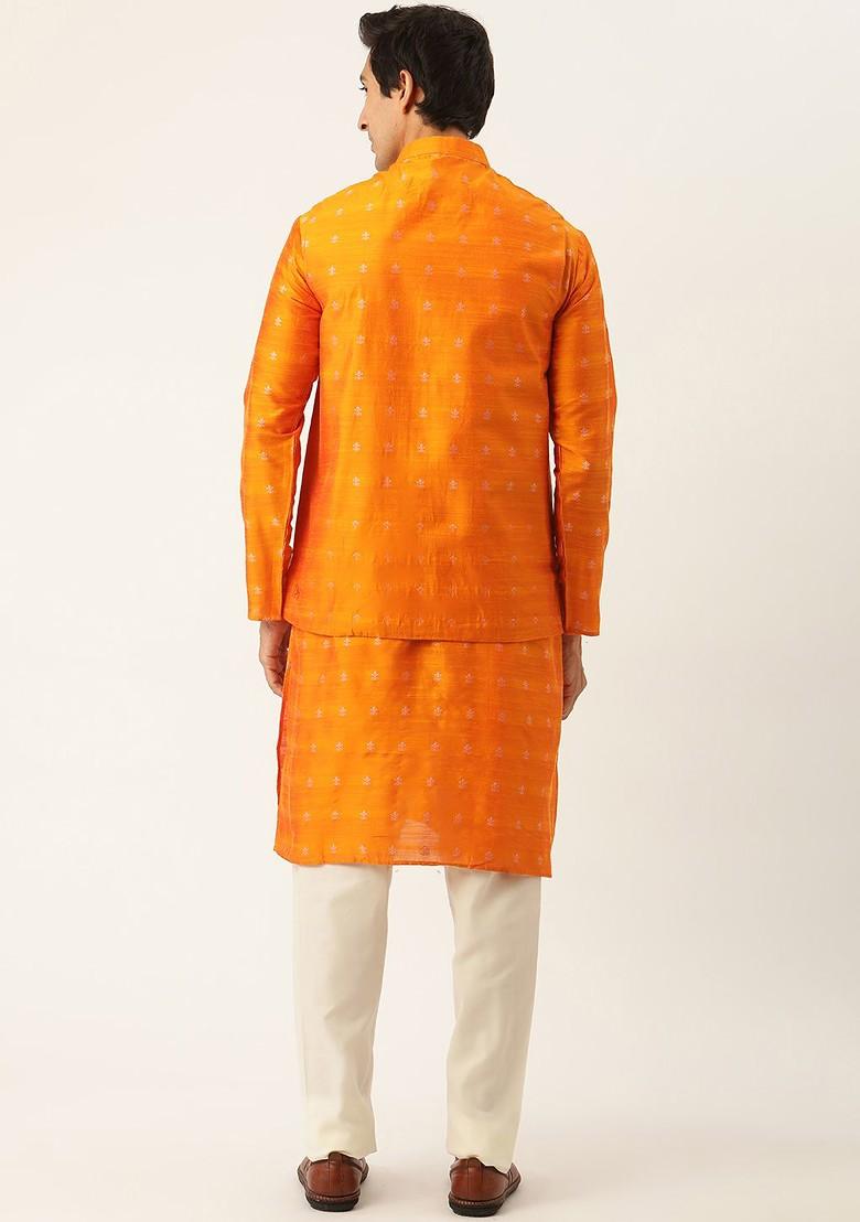 Orange Woven Poly Blend Kurta Set For Men
