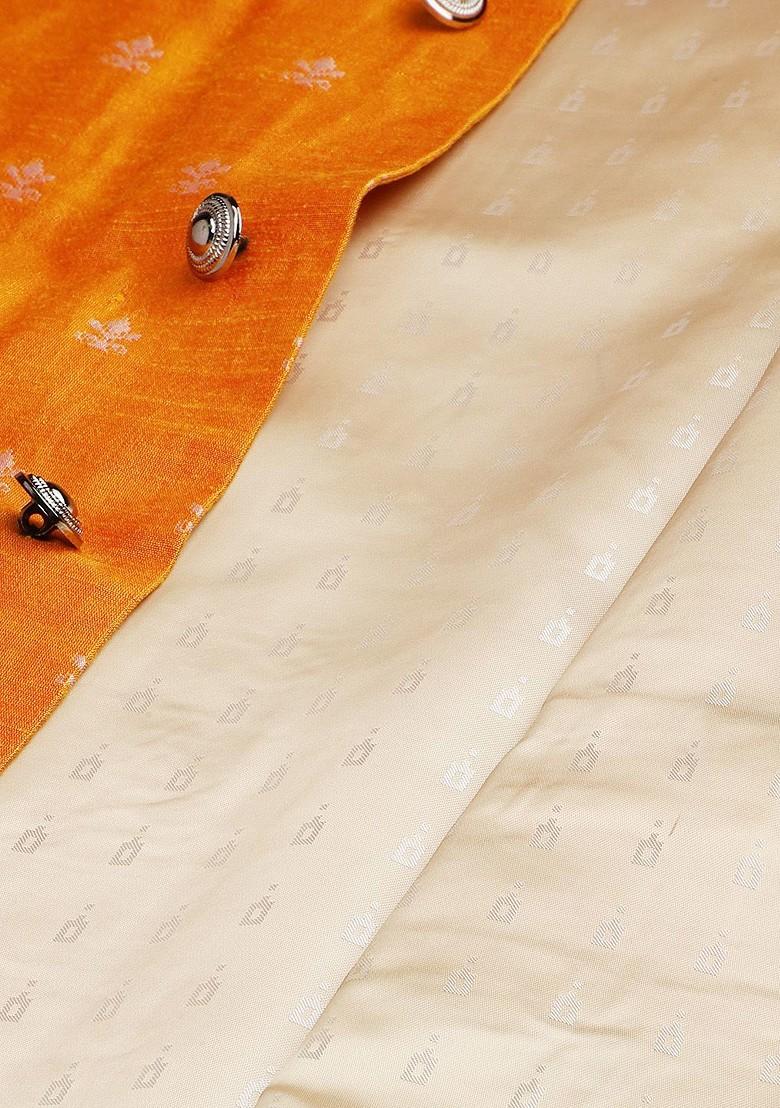 Orange Woven Poly Blend Kurta Set For Men