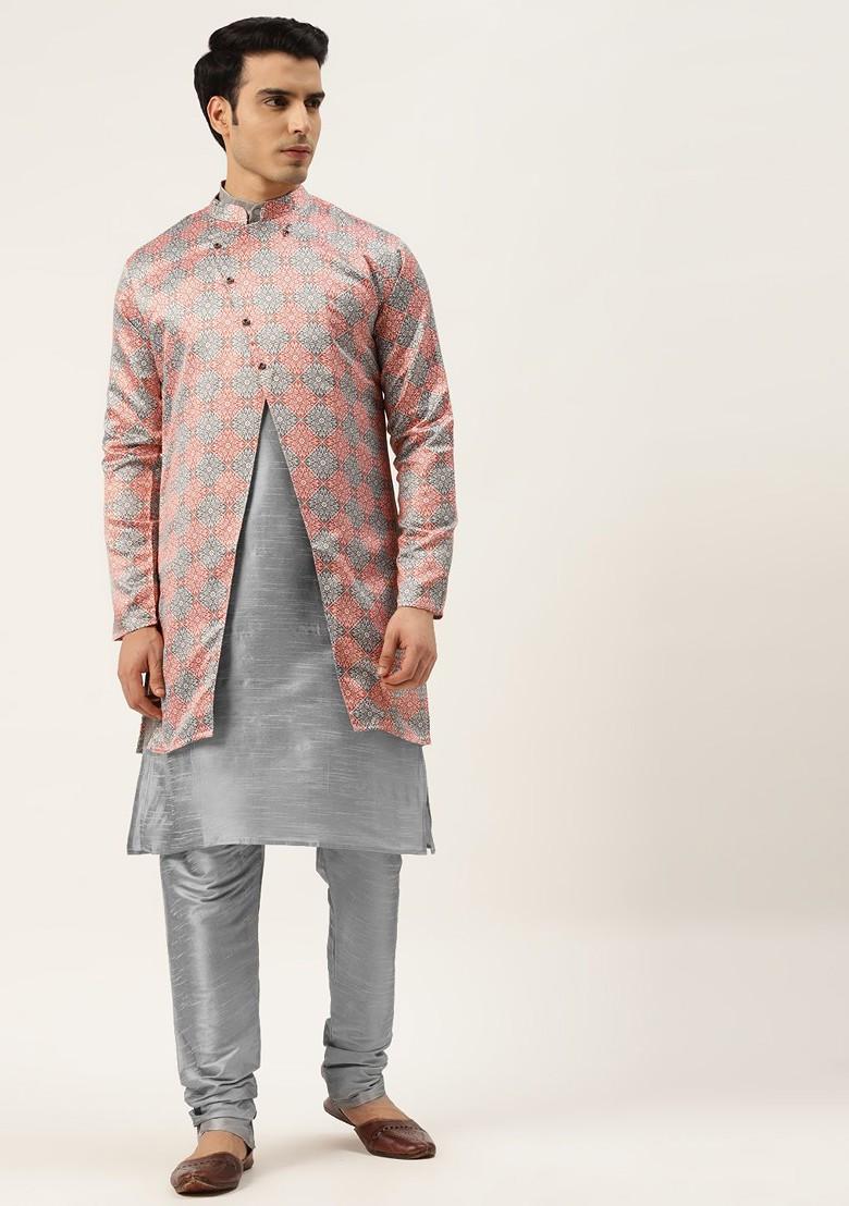Grey Solid Poly Blend Kurta Set For Men