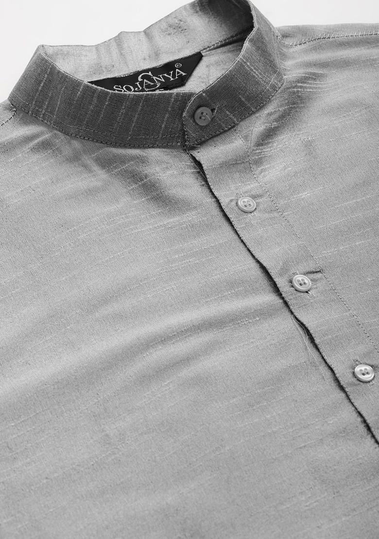 Grey Solid Poly Blend Kurta Set For Men