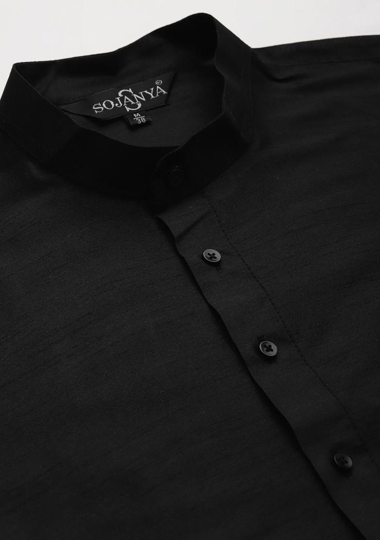 Black Printed Poly Blend Kurta Set For Men