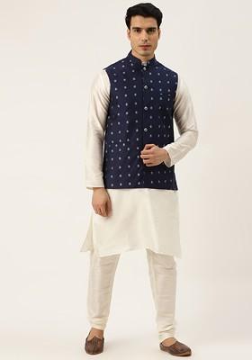 Off White Solid Poly Blend Kurta Set For Men