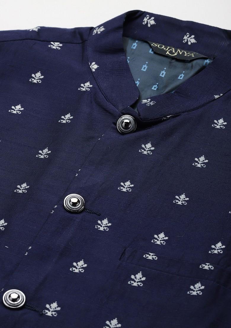 Off White Solid Poly Blend Kurta Set For Men