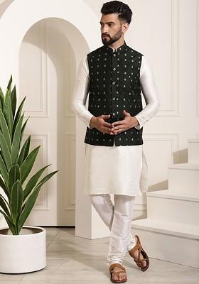 Off White Solid Poly Blend Kurta Set For Men