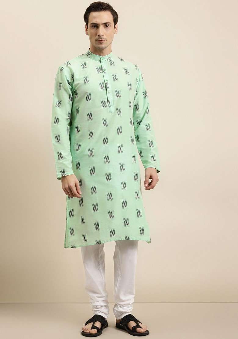 Sea Green Woven Cotton Kurta Set For Men - Indya